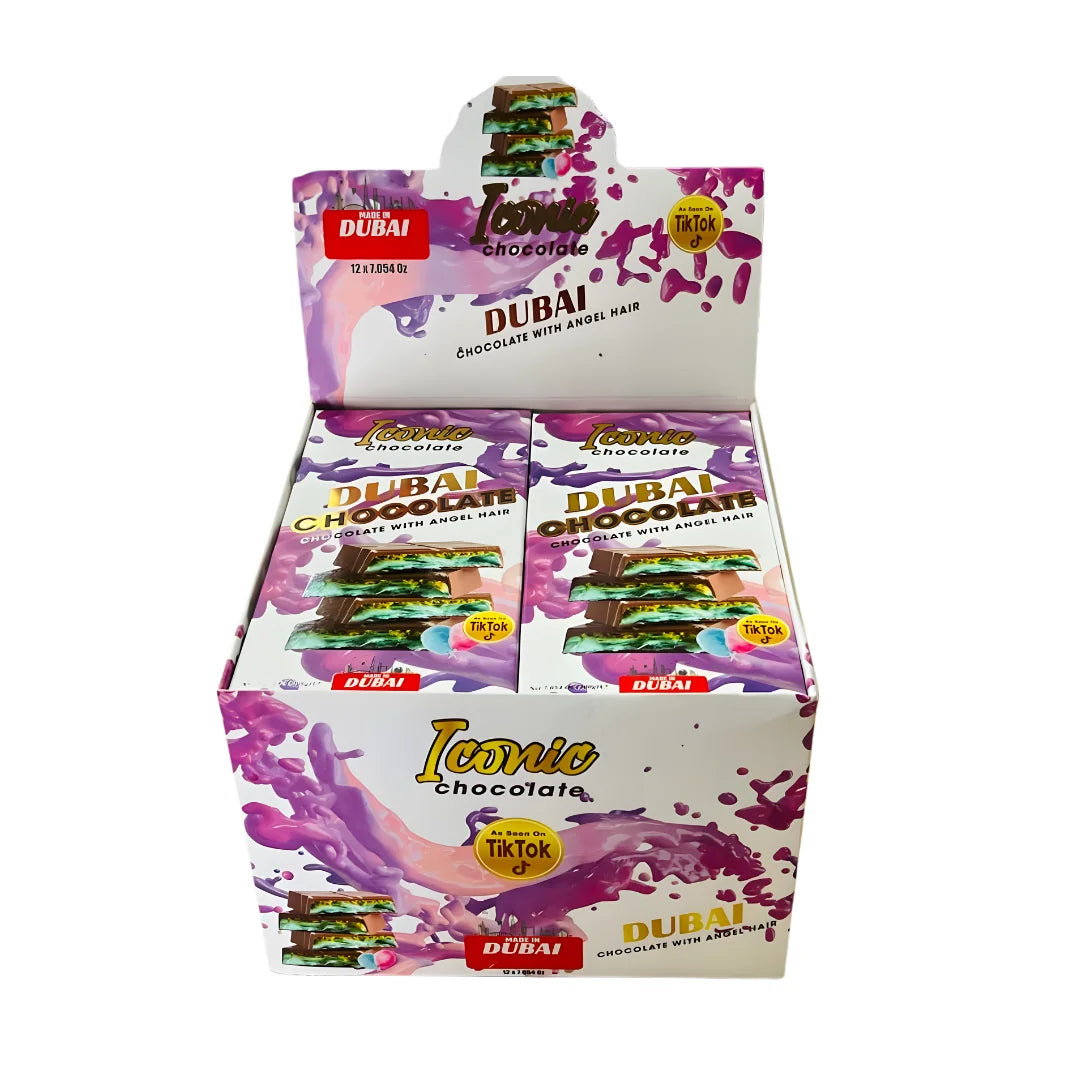 Dubai Angel Hair & Milk Chocolate Box by Iconic Chocolate | Pack of 12 - 200g Bars