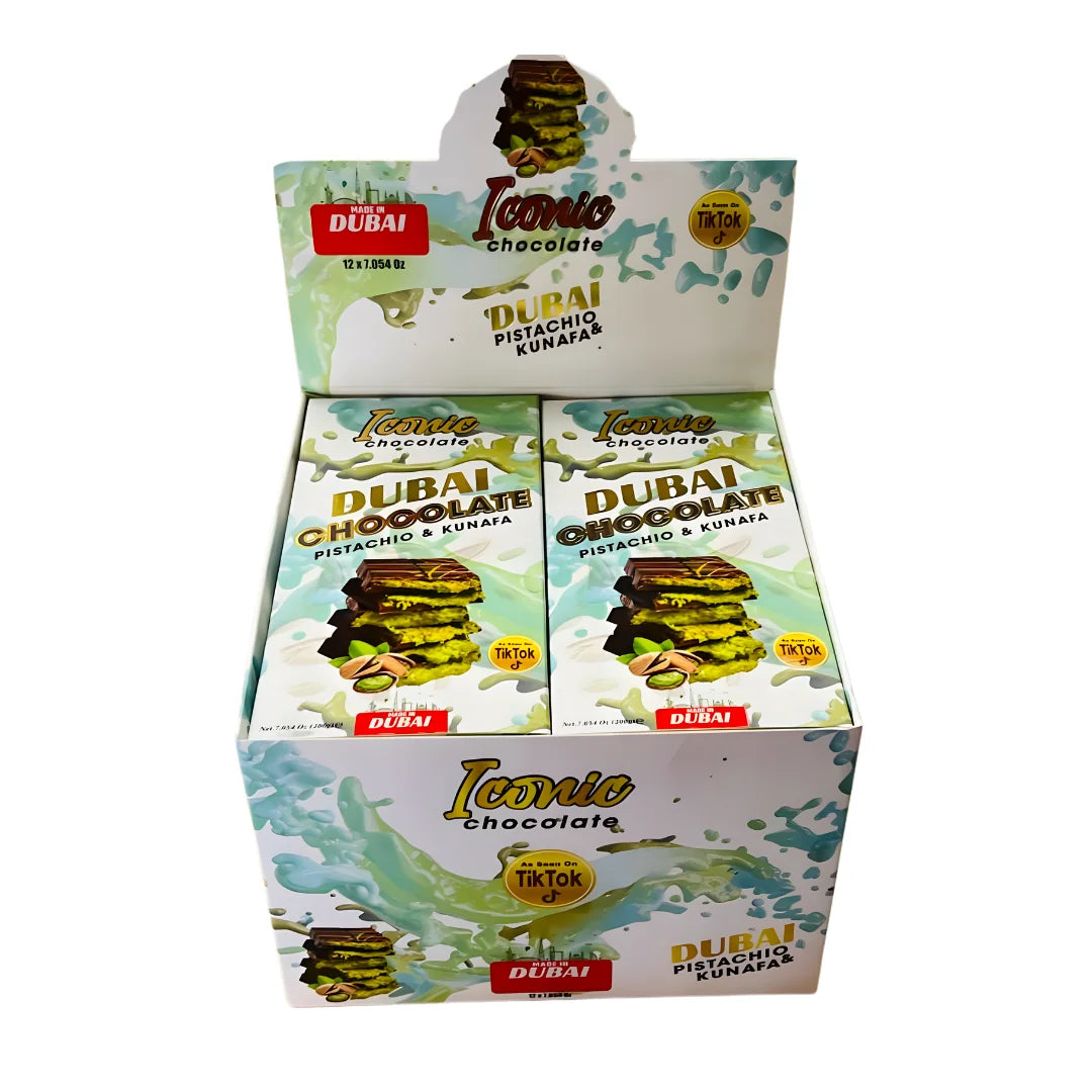 Pistachio & Kunafa Chocolate Box by Iconic Chocolate | Pack of 12 – 200g Bars